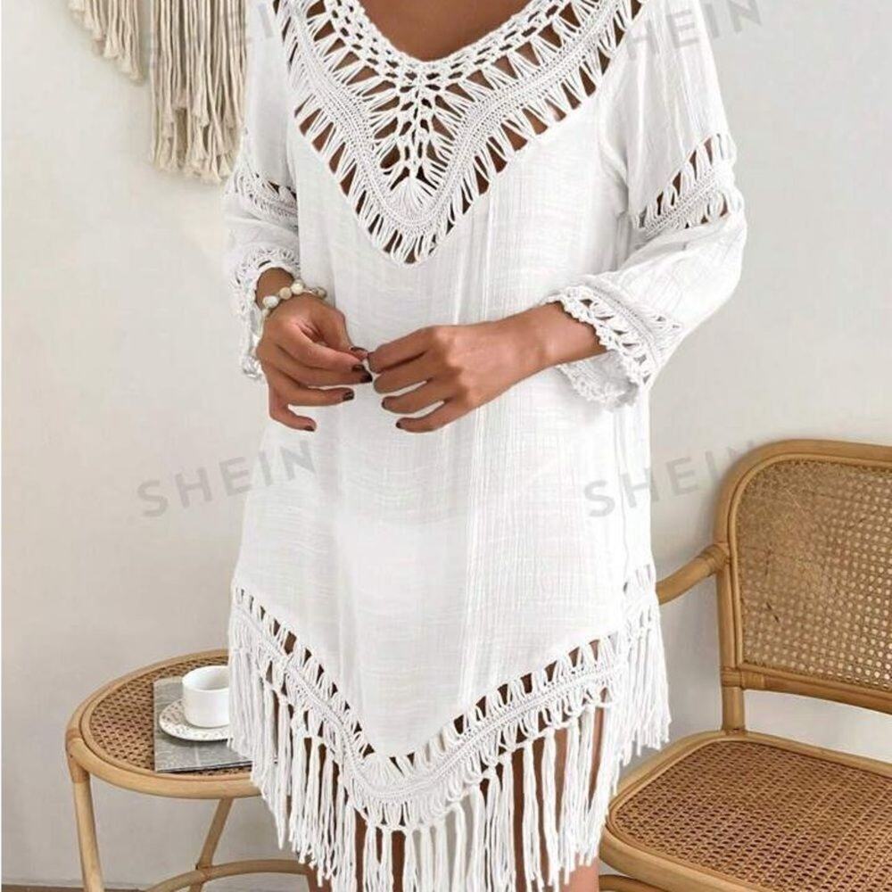 White Crochet Fringe Hem Loose Waisted Coverup - Picture 3 of 6